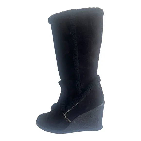 Coach Jordana Boots Women 6 M Black Suede Wedge Signature Logo Fur Trim Size 36